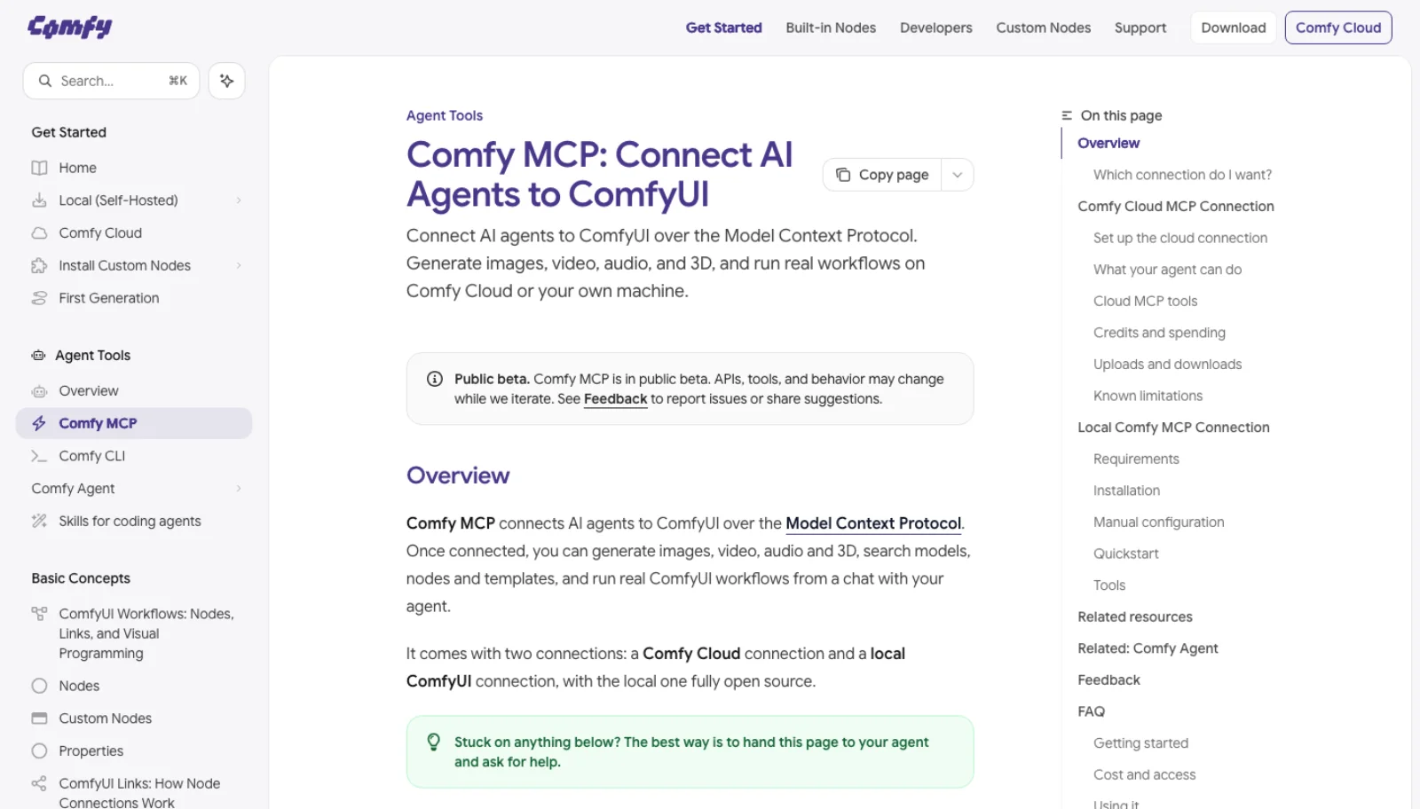 The Comfy MCP page on docs.comfy.org: a public beta notice, an overview saying the server connects agents to ComfyUI over MCP, a note that it comes with a cloud connection and an open-source local connection, and a sidebar listing Comfy MCP, Comfy CLI, Comfy Agent and Skills for coding agents under Agent Tools.