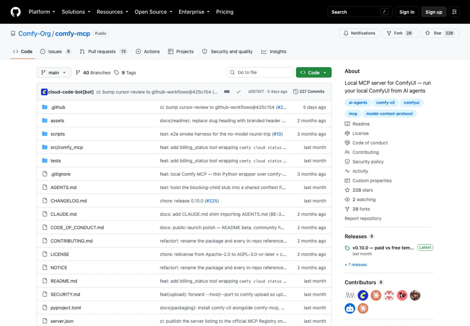 The Comfy-Org/comfy-mcp repository on GitHub: 228 stars, 28 forks, 227 commits, 8 releases with v0.10.0 latest, 8 contributors, a description reading Local MCP server for ComfyUI, and files including AGENTS.md, CLAUDE.md, SECURITY.md and server.json.