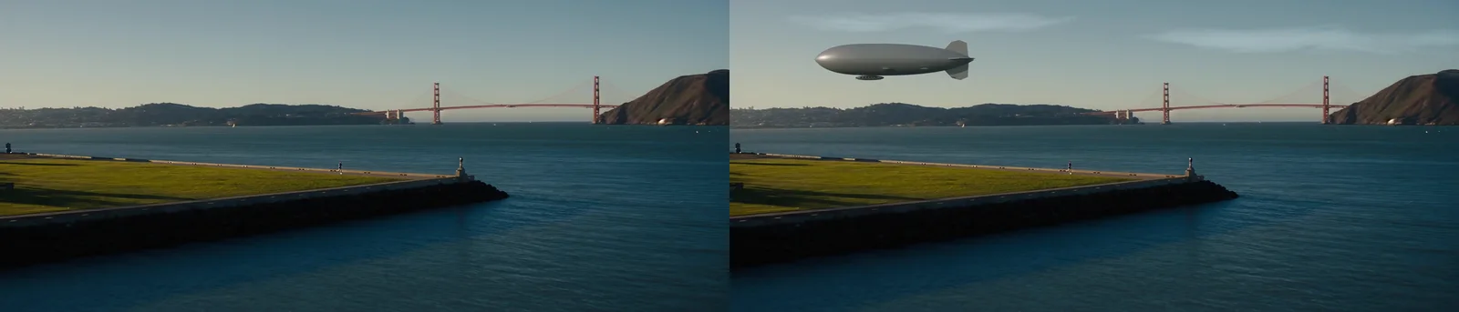 Two frames of the same waterfront shot side by side: the empty bay on the left, the bay with the silver airship on the right.