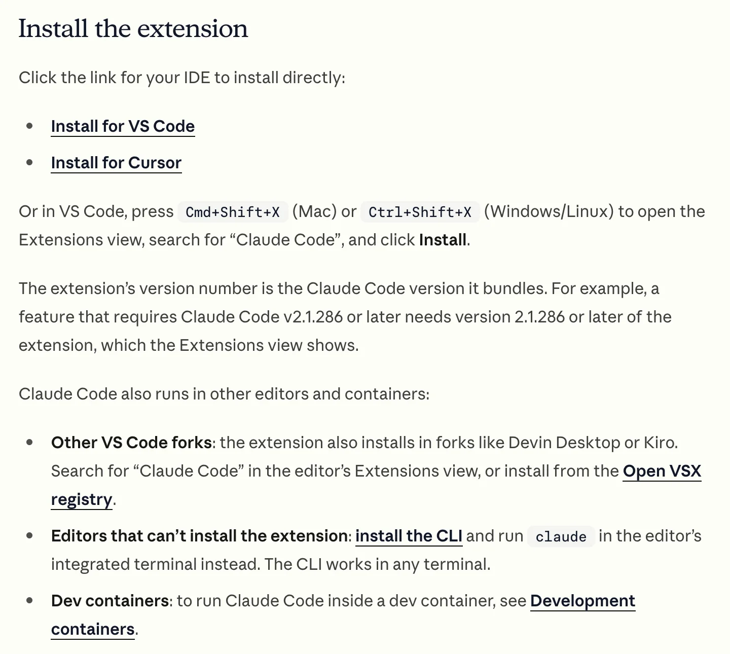 Anthropic's Claude Code documentation, Install the extension section, with two links: Install for VS Code and Install for Cursor. Below, it says the extension also installs in other VS Code forks from the Open VSX registry, and that in editors that cannot install it you can run claude in the integrated terminal.
