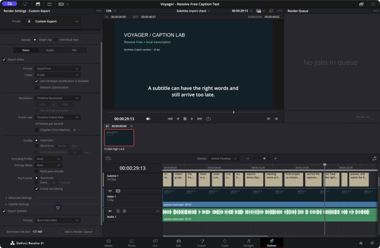 DaVinci Resolve Deliver page with Export Subtitle enabled and its Format set to Burn into video.