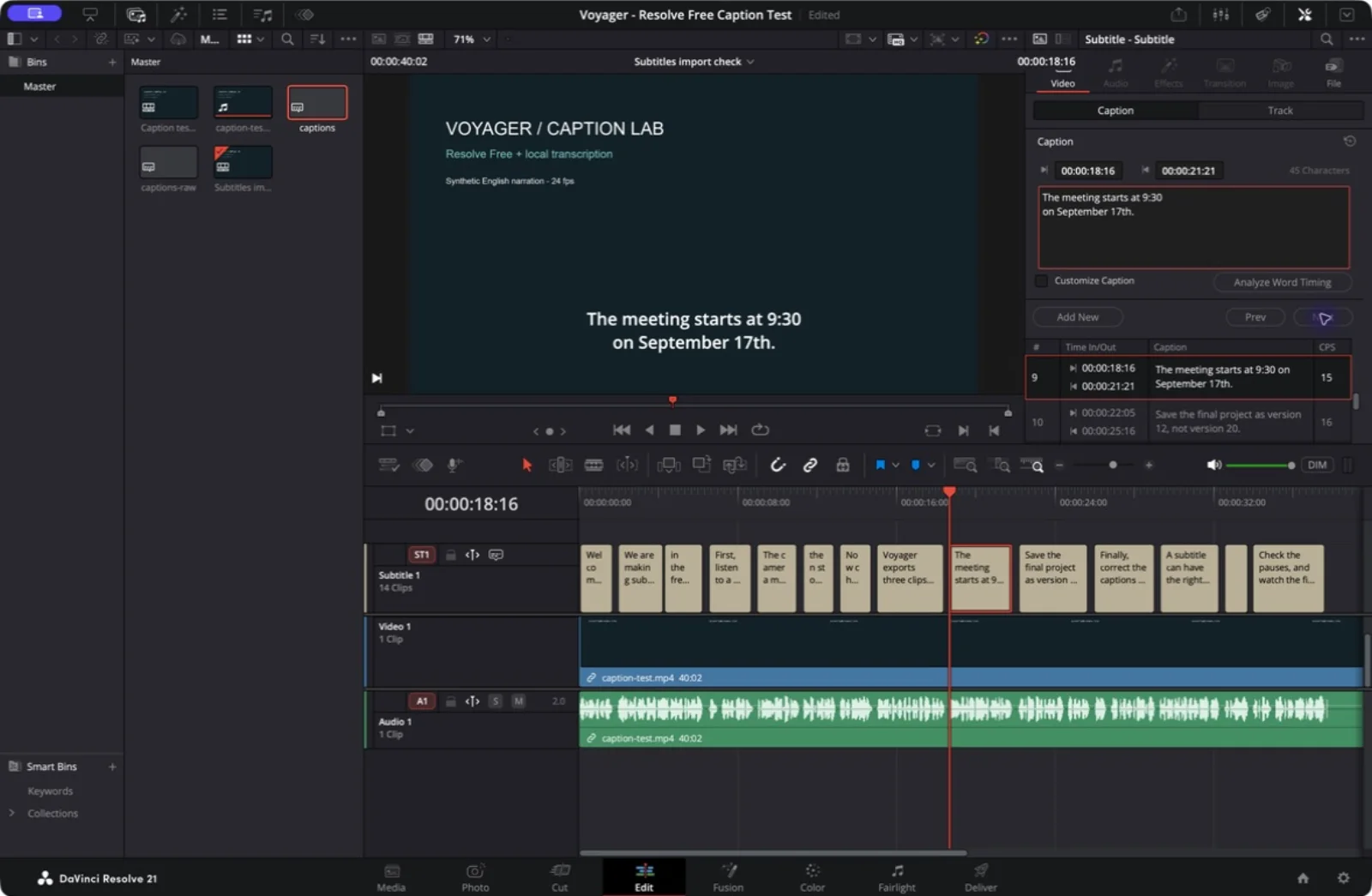 Resolve Free showing 14 subtitle clips above the video, with the date caption selected and its text and timecodes open in the Inspector.