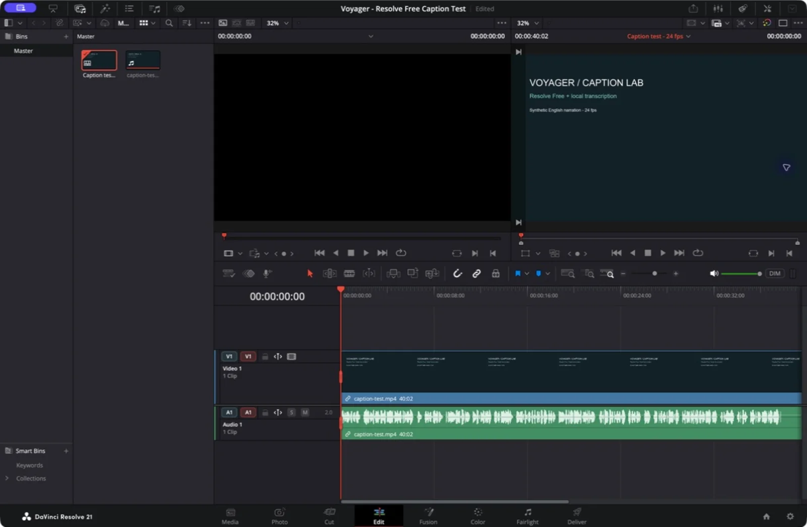 DaVinci Resolve Free with the 40-second test video and its audio on a timeline starting at zero.