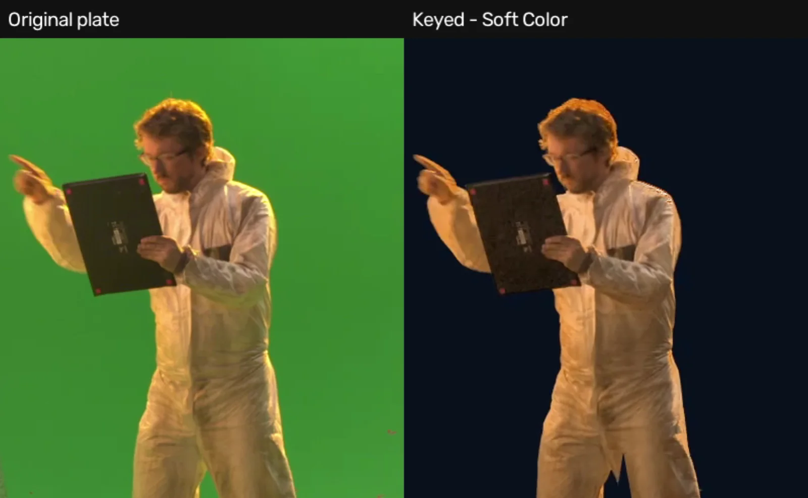 Matching crops of the original green-screen plate and the keyed result, showing reduced green contamination on the light coat while warm orange lighting remains around the hair.