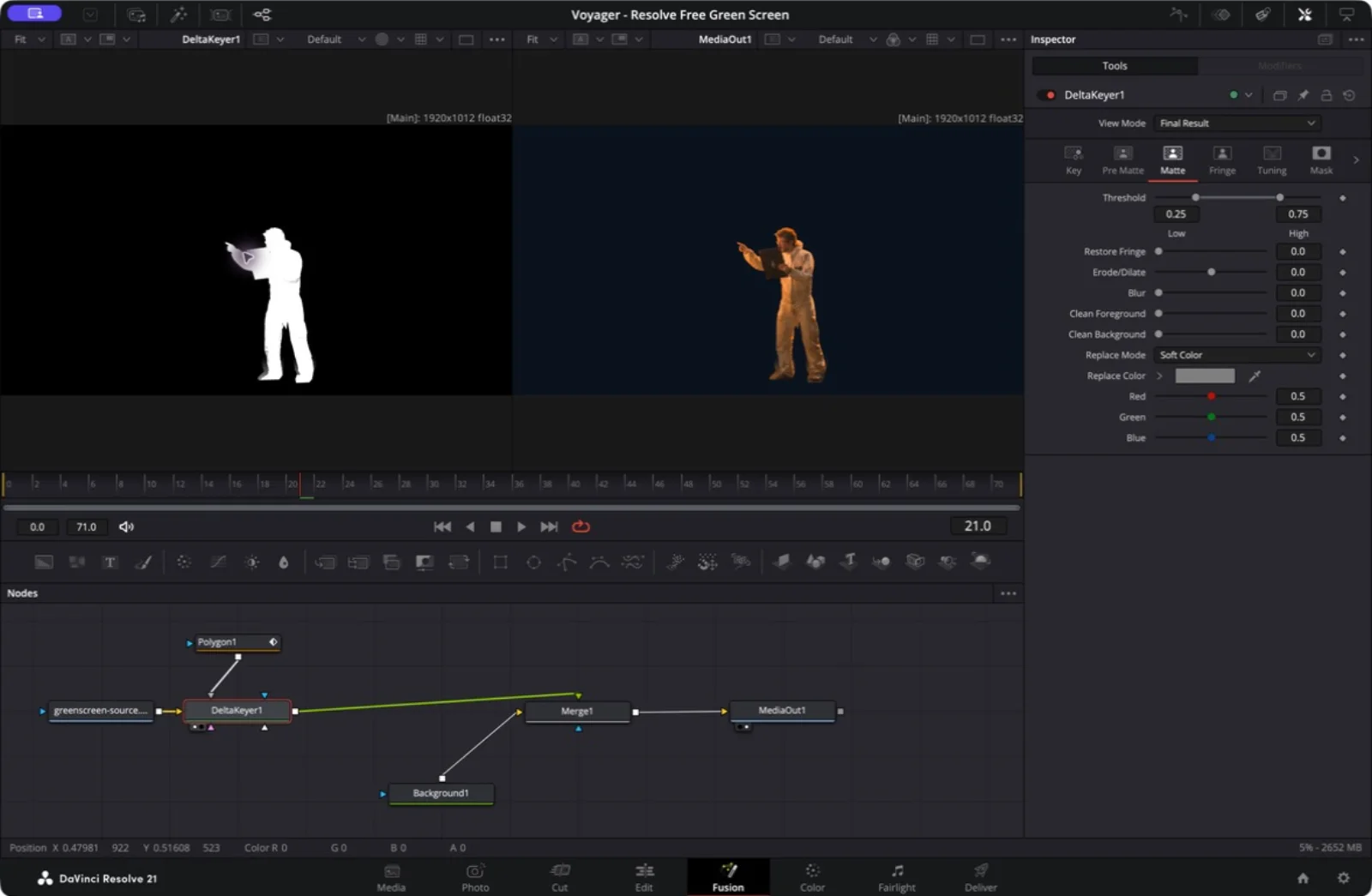Fusion showing DeltaKeyer1's final alpha in the left viewer, the navy-background composite in the right viewer, and the keyer's matte controls.