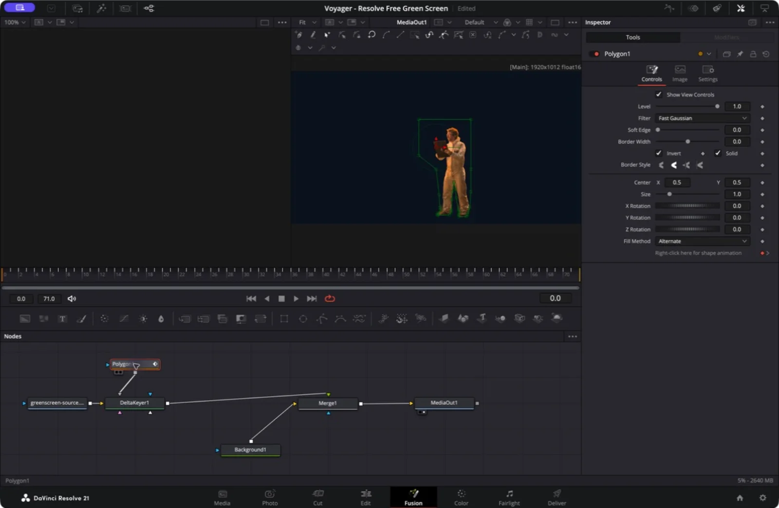 The inverted Polygon1 mask surrounds the actor and follows the gap between his legs, with its output connected to DeltaKeyer1's Garbage Matte input.