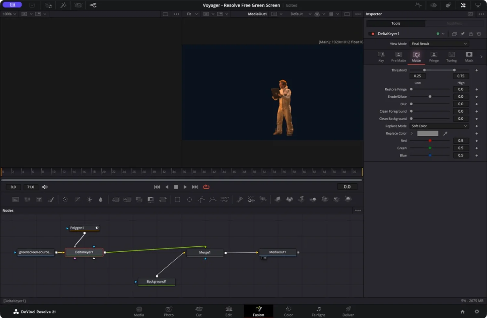 Delta Keyer's Matte tab showing Threshold Low 0.25, High 0.75, and Replace Mode Soft Color in the tested refined setup.