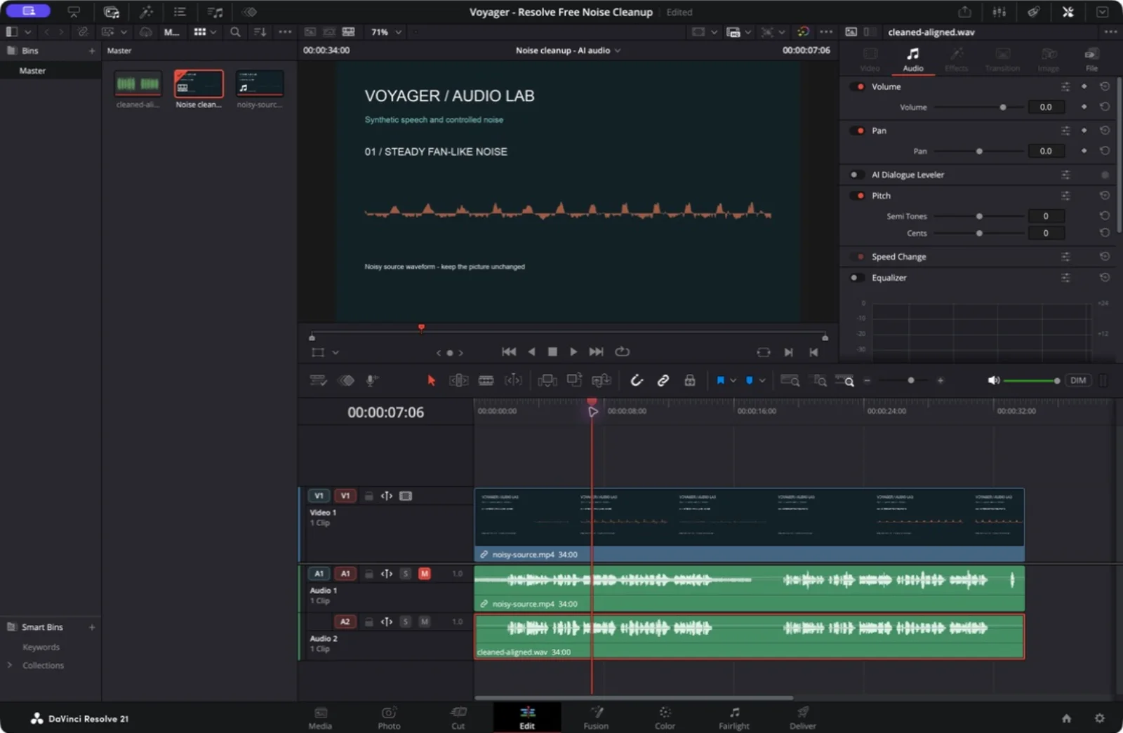 Resolve Free with the original video on V1, noisy audio on muted A1, and cleaned-aligned.wav on A2 at the same starting point.