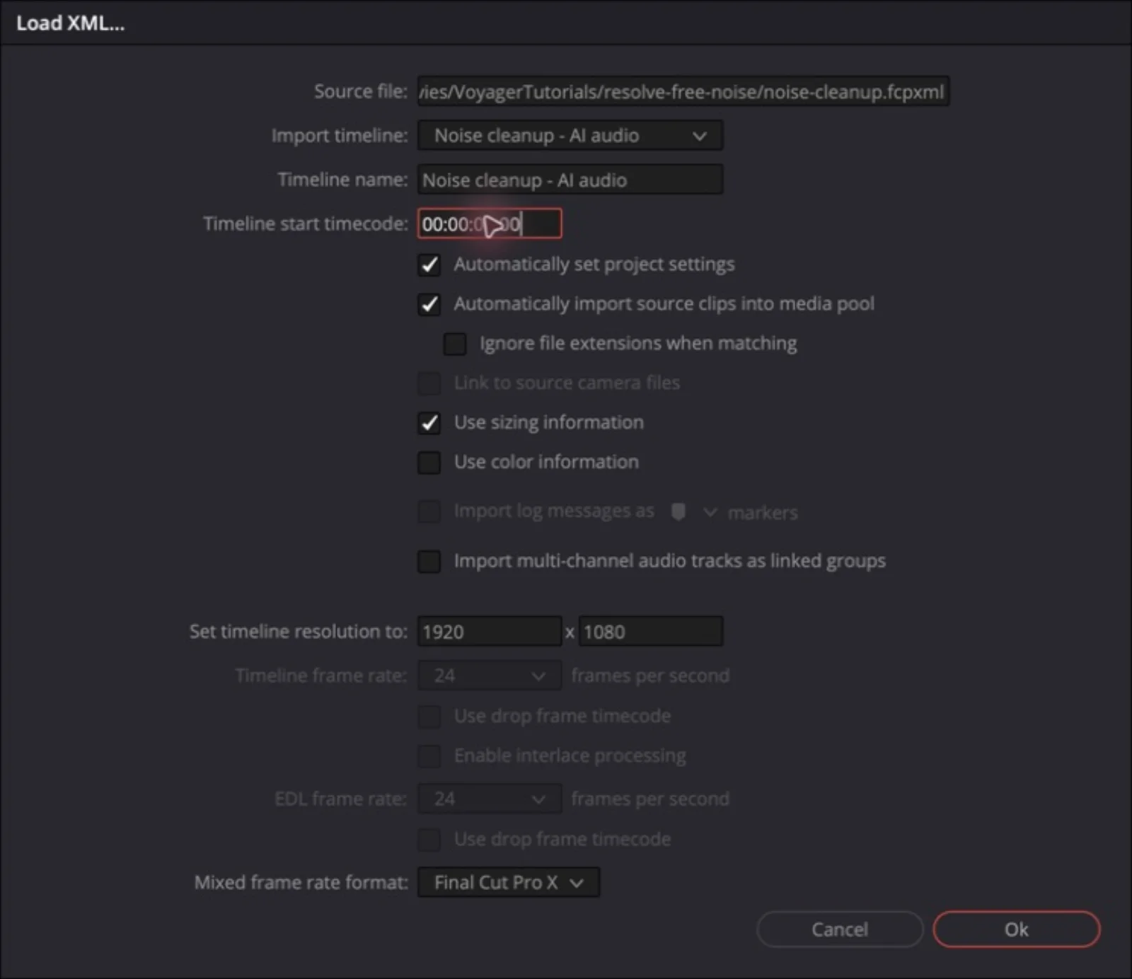 Resolve's Import a Timeline dialog set to import the noise-cleanup timeline at 1920 by 1080, 24 fps, with source clips imported automatically.