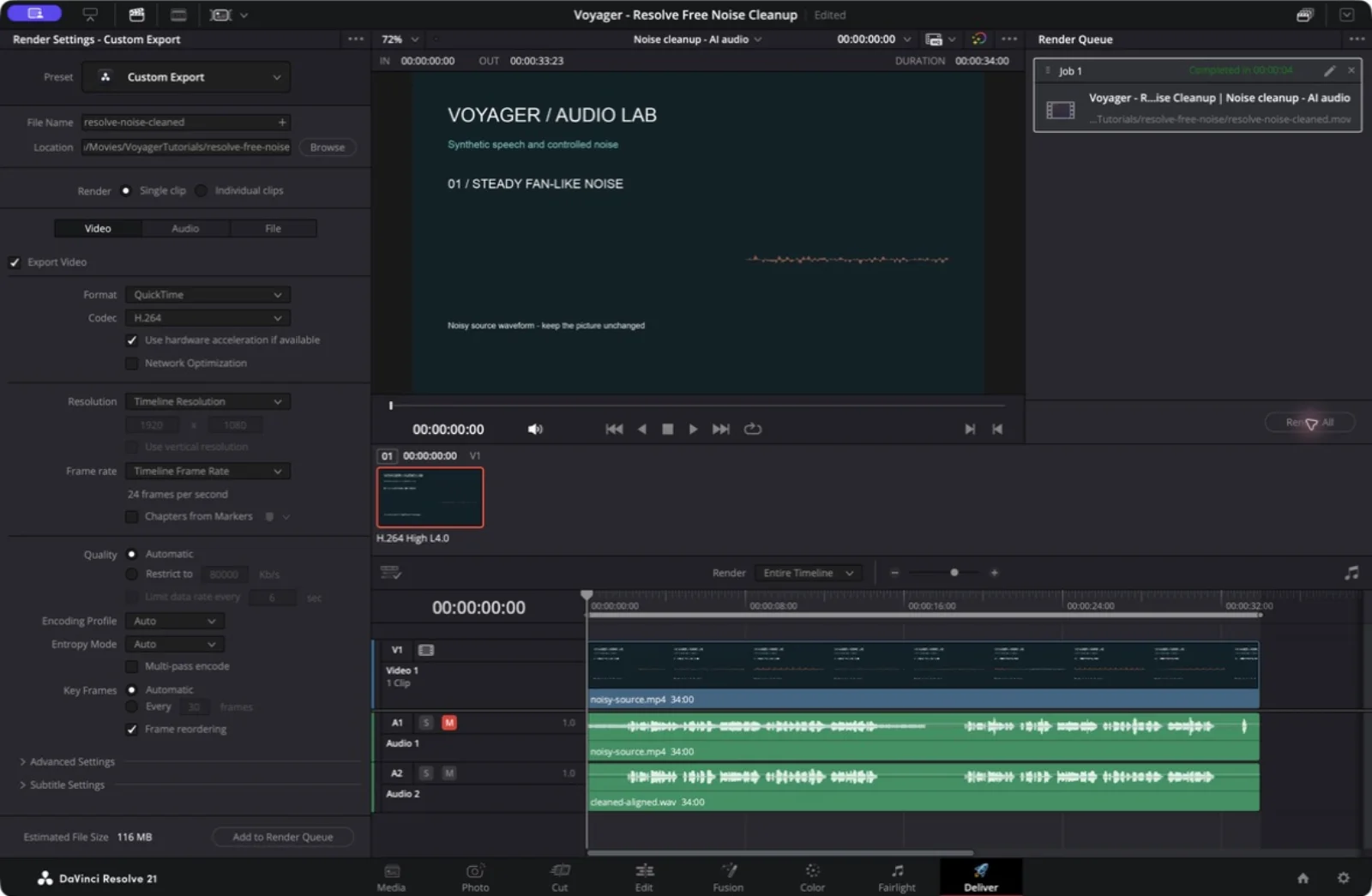 Resolve's Deliver page showing the completed noise-cleanup render, with the original audio track still muted.