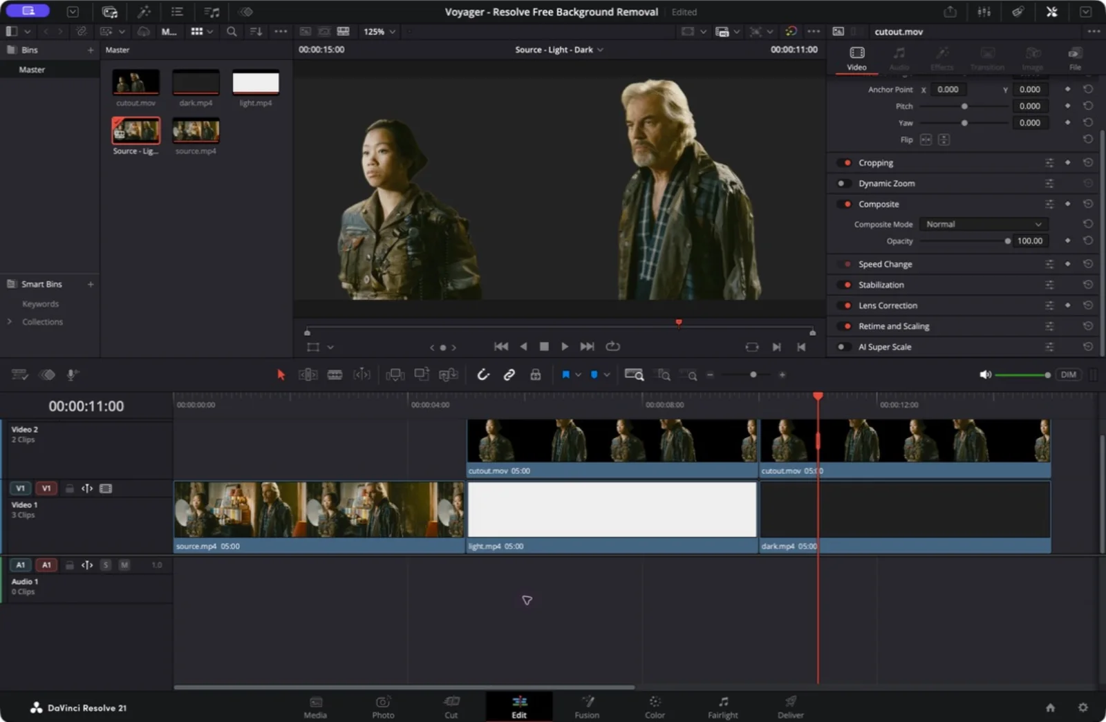 The same imported cutout in Resolve Free over a dark gray background, with the background and foreground on separate video tracks.