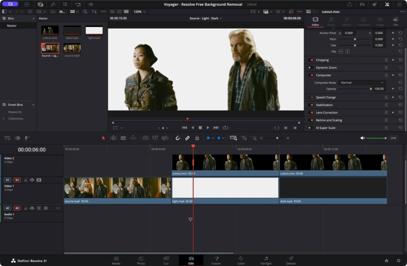 Resolve Free showing cutout.mov on Video 2 above a light background on Video 1, with both people visible in the composite.
