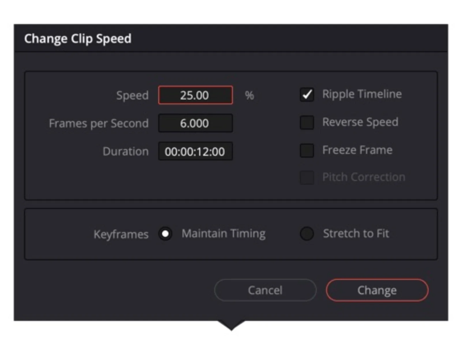 Resolve's Change Clip Speed dialog with Speed 25 percent, duration twelve seconds, and Ripple Timeline checked.