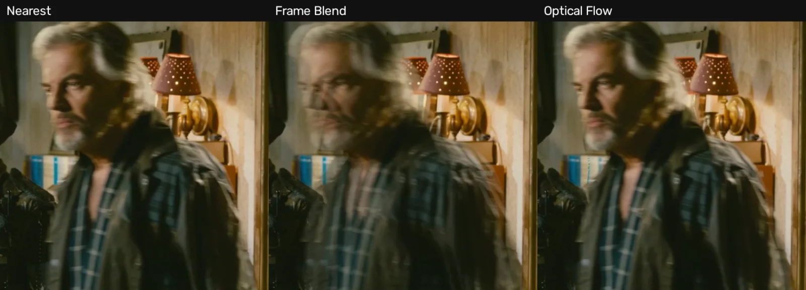Crops from the same slow-motion frame: Nearest shows a single held pose, Frame Blend doubles the man's facial and shirt details, and Optical Flow gives a more coherent intermediate pose.