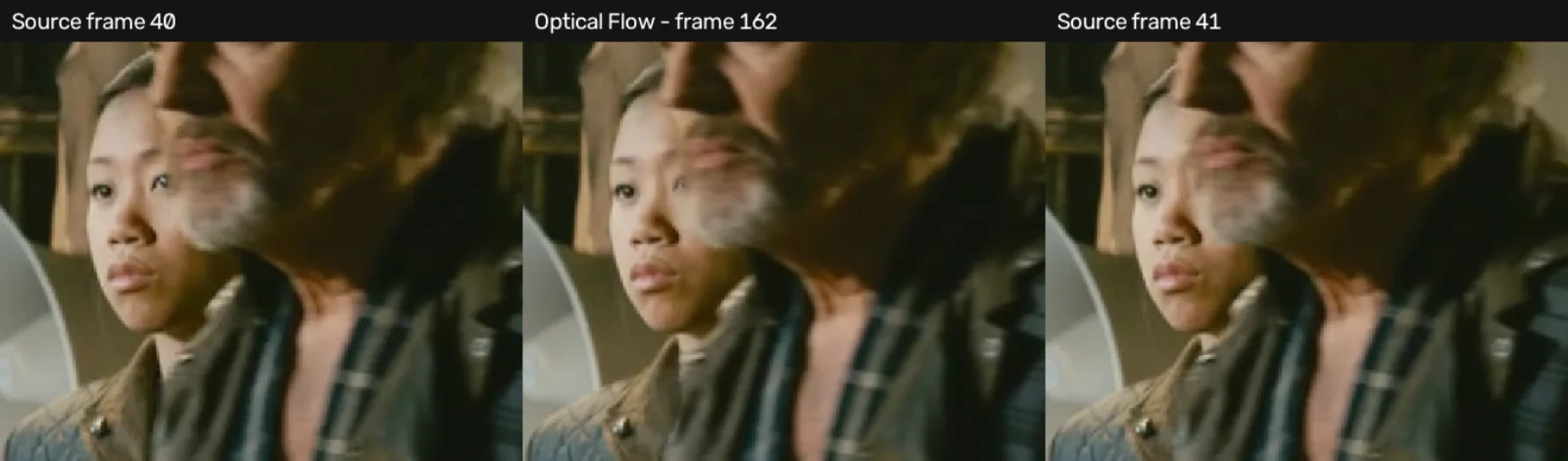 Two captured source frames surrounding an enlarged Optical Flow intermediate, showing a smeared boundary between the woman's partially obscured eye and the man's beard.