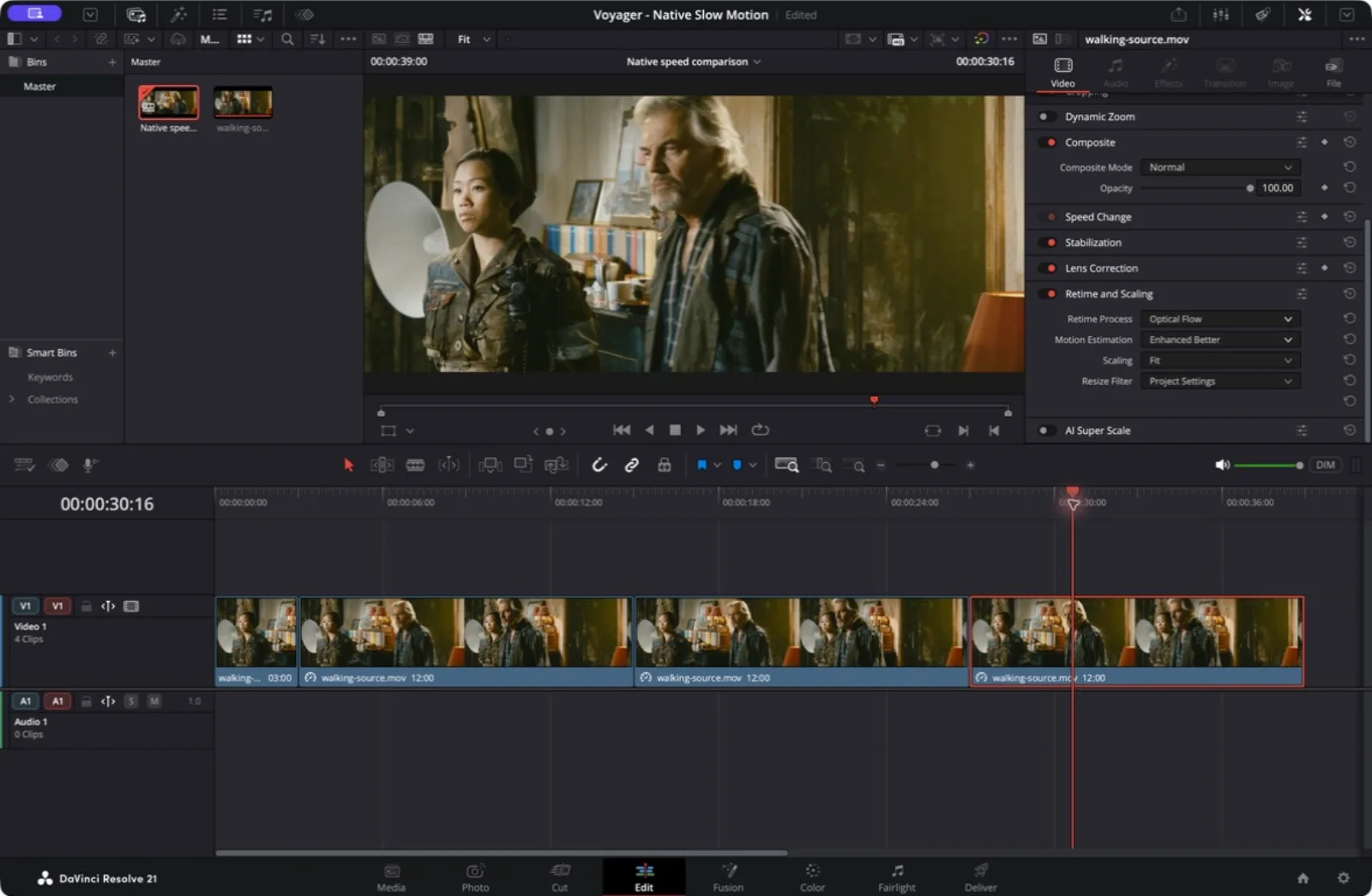 Resolve Free's Video Inspector showing Retime Process set to Optical Flow and Motion Estimation set to Enhanced Better.