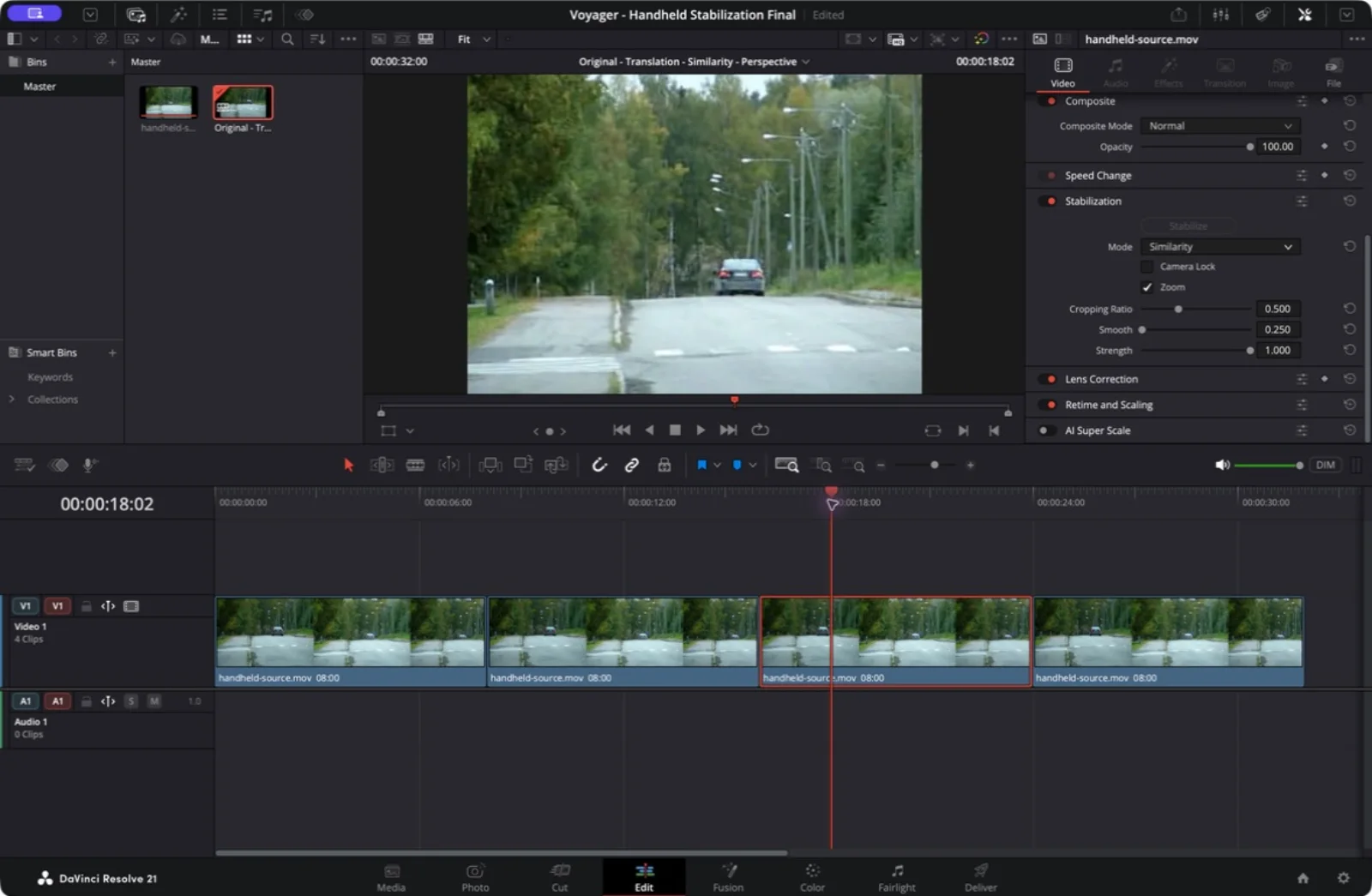 Resolve Free showing Similarity stabilization on the handheld road clip, Camera Lock off, Zoom on, Cropping Ratio 0.500, Smooth 0.250, and Strength 1.000.