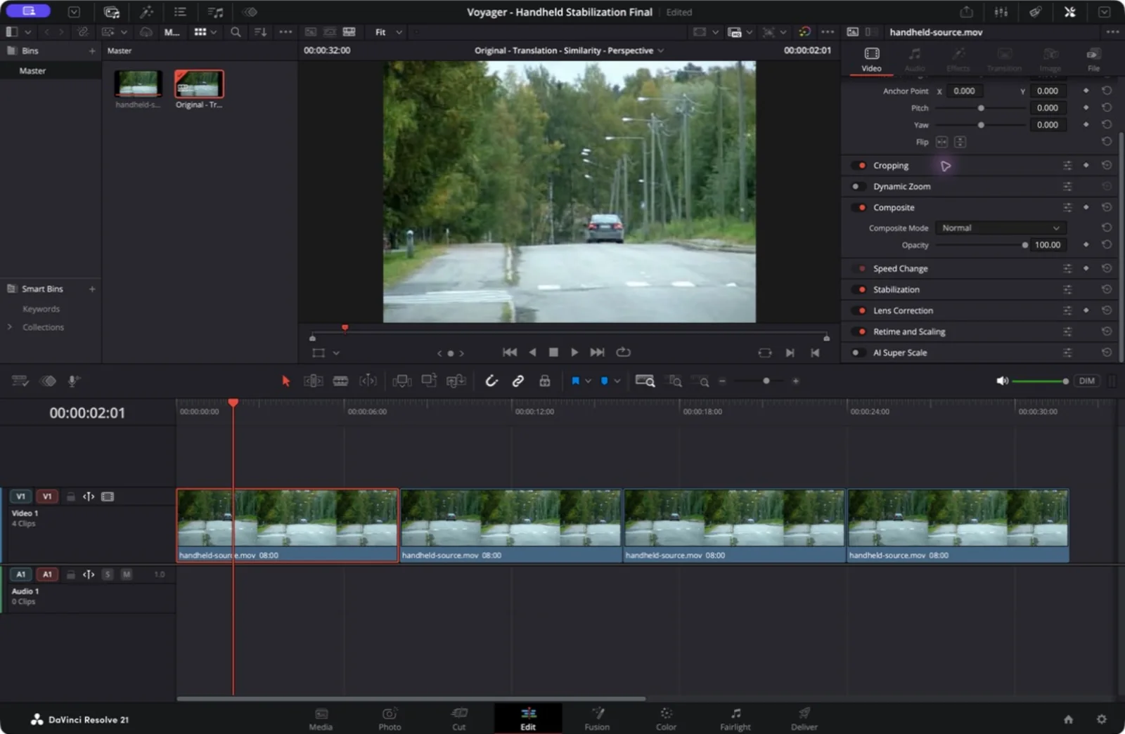 Resolve Free showing the untreated handheld road footage selected as the first of four identical eight-second timeline copies.