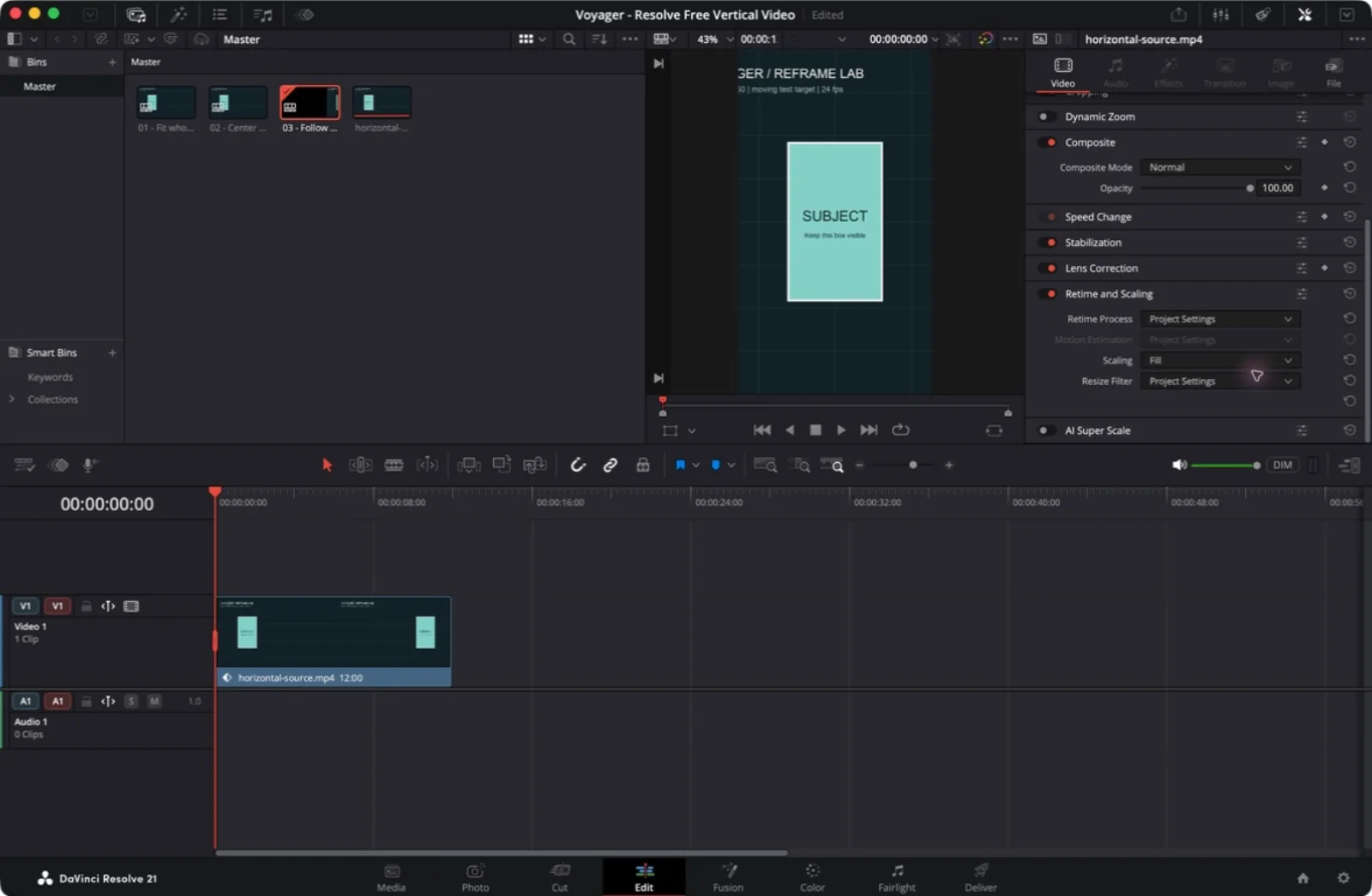 Resolve's Video Inspector with Retime and Scaling expanded and the per-clip Scaling value set to Fill.
