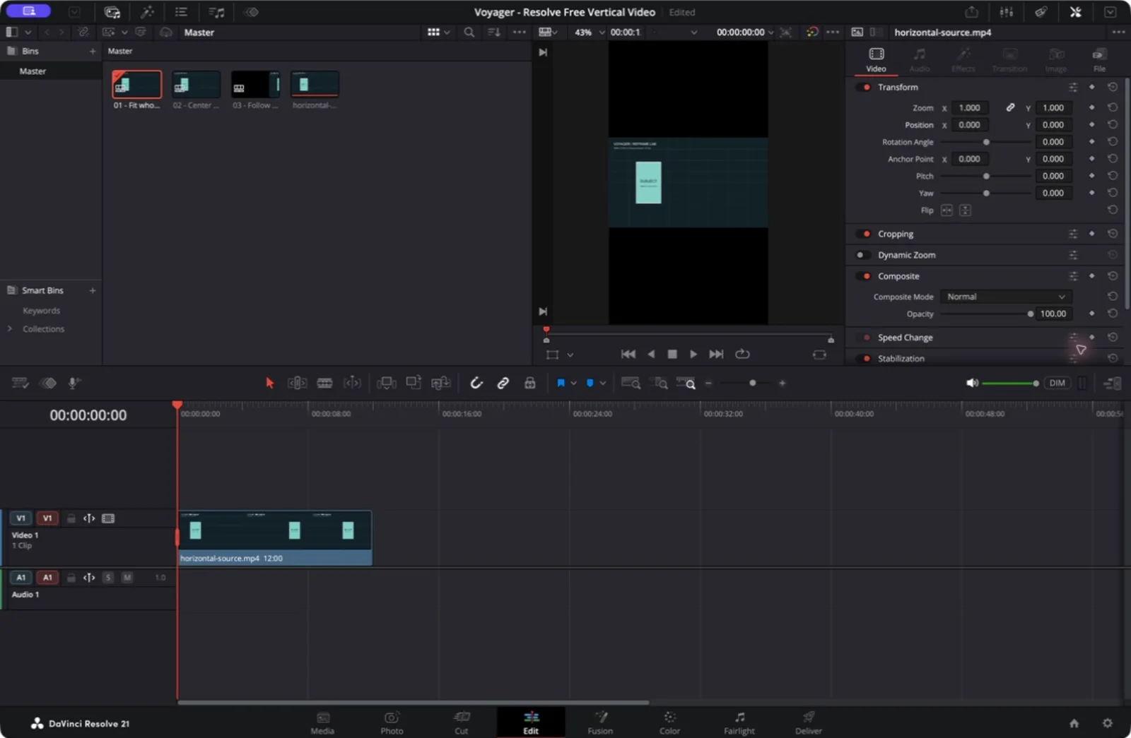 The Fit comparison in Resolve, with the whole horizontal scene visible as a small image between large black areas in the portrait viewer.