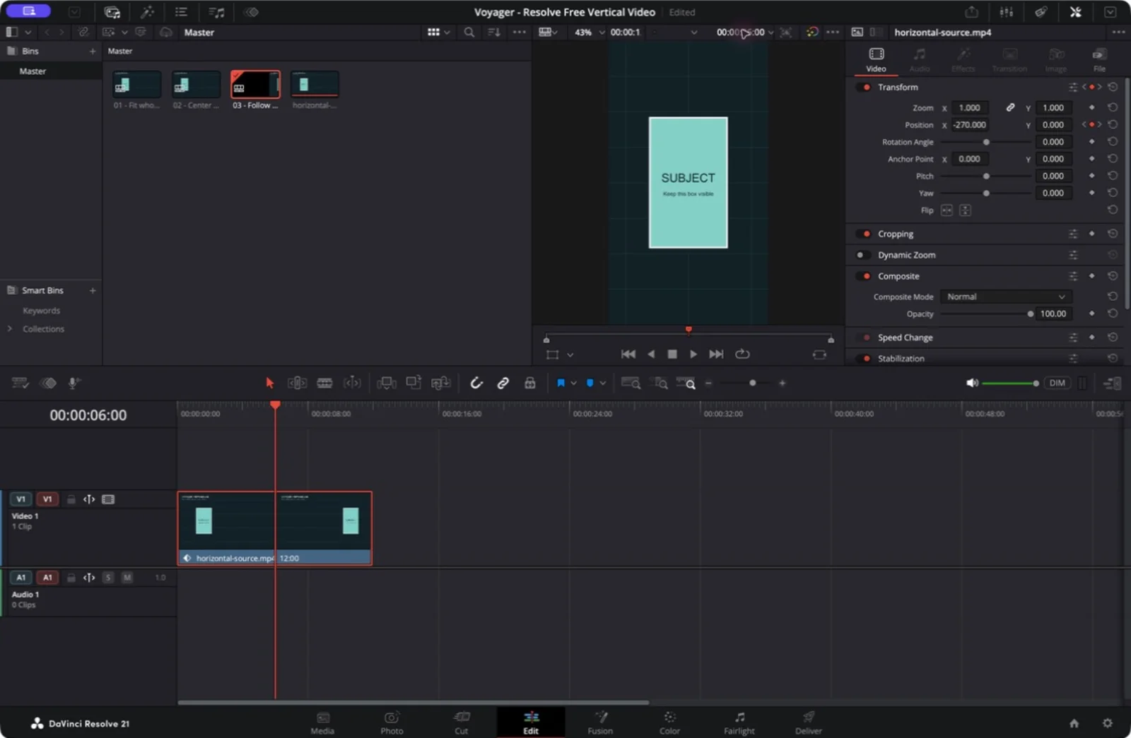 The subject centered in Resolve's portrait viewer at six seconds, with Position X set to minus 270 and the position keyframe diamond enabled.