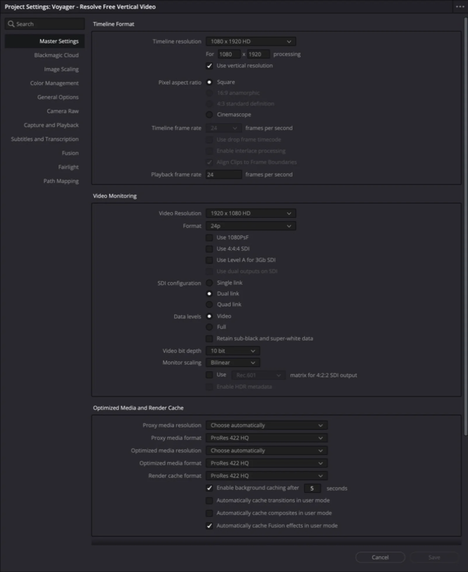 DaVinci Resolve Project Settings showing a 1080 by 1920 timeline, Use vertical resolution checked, and a 24 fps timeline frame rate.