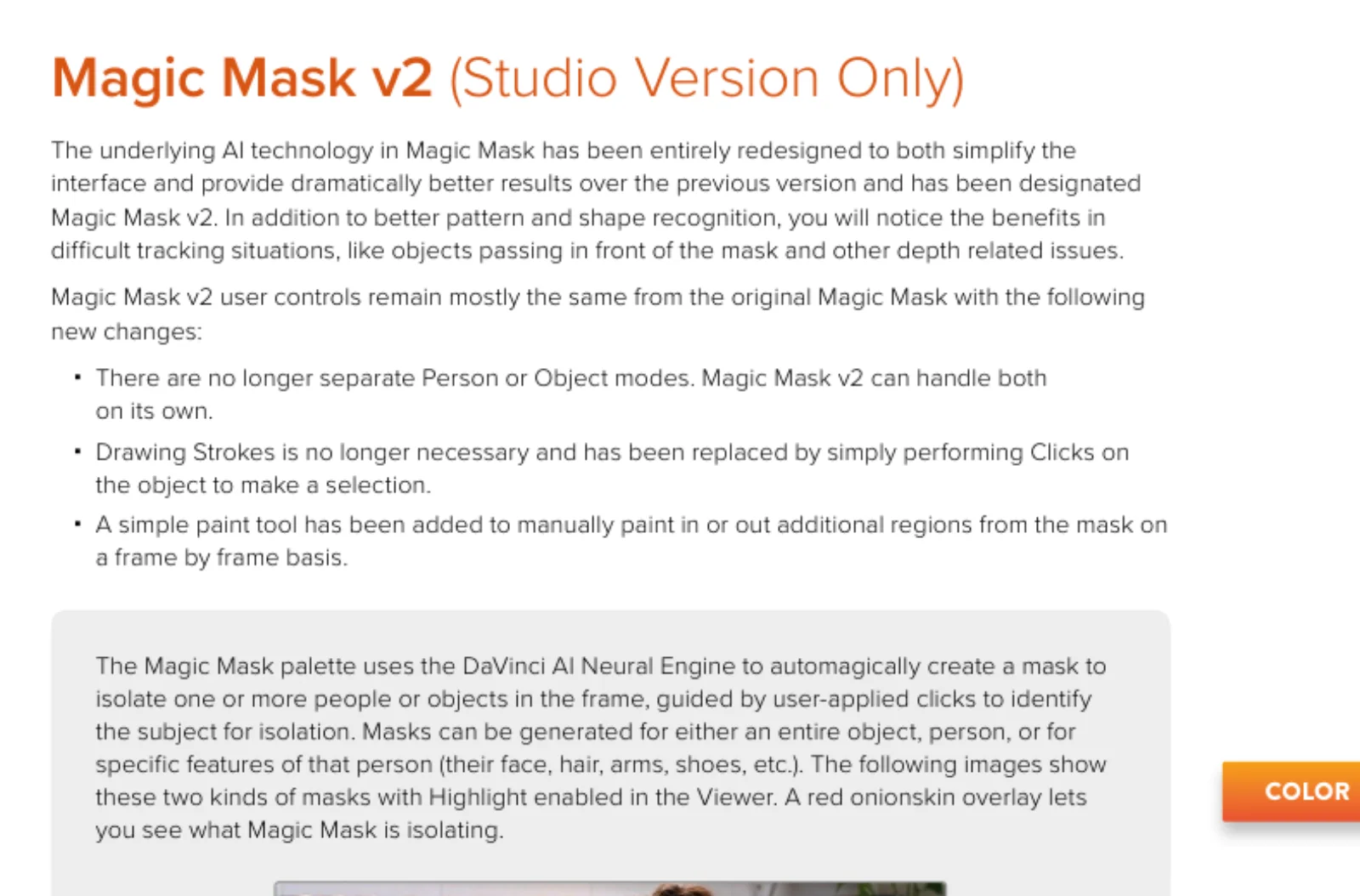A page of the DaVinci Resolve 21 Reference Manual with the heading Magic Mask v2 (Studio Version Only), explaining that the tool uses the DaVinci AI Neural Engine to isolate people and objects from user clicks.