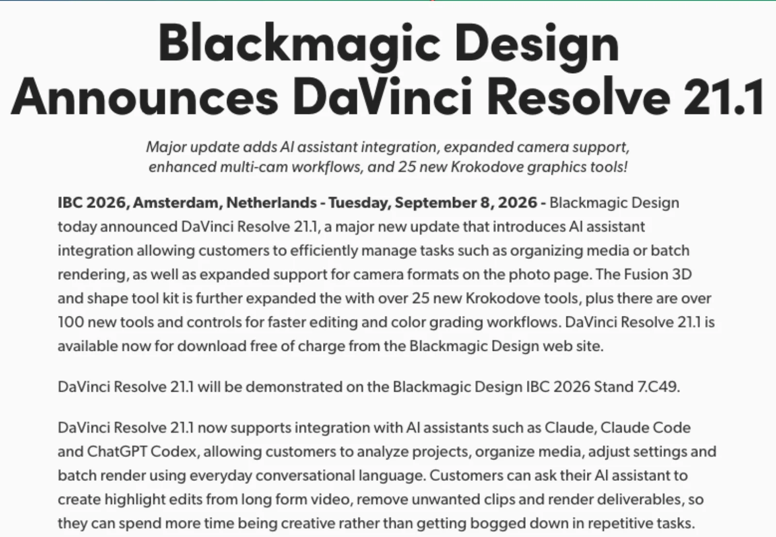 Blackmagic Design's 8 September 2026 press release announcing DaVinci Resolve 21.1, with AI assistant integration for Claude, Claude Code and ChatGPT Codex, available free of charge.