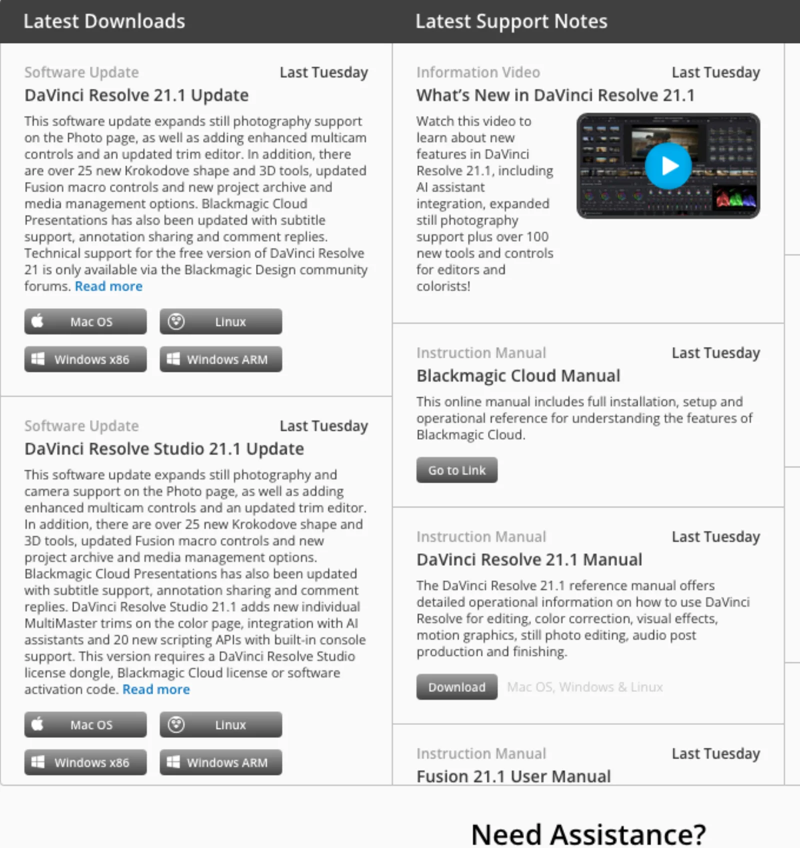 Blackmagic's support page listing the DaVinci Resolve 21.1 Update and the DaVinci Resolve Studio 21.1 Update side by side; the free entry notes that support is only via the community forums, the Studio entry lists MultiMaster trims, AI assistant integration and 20 scripting APIs and requires a dongle, Cloud licence or activation code.