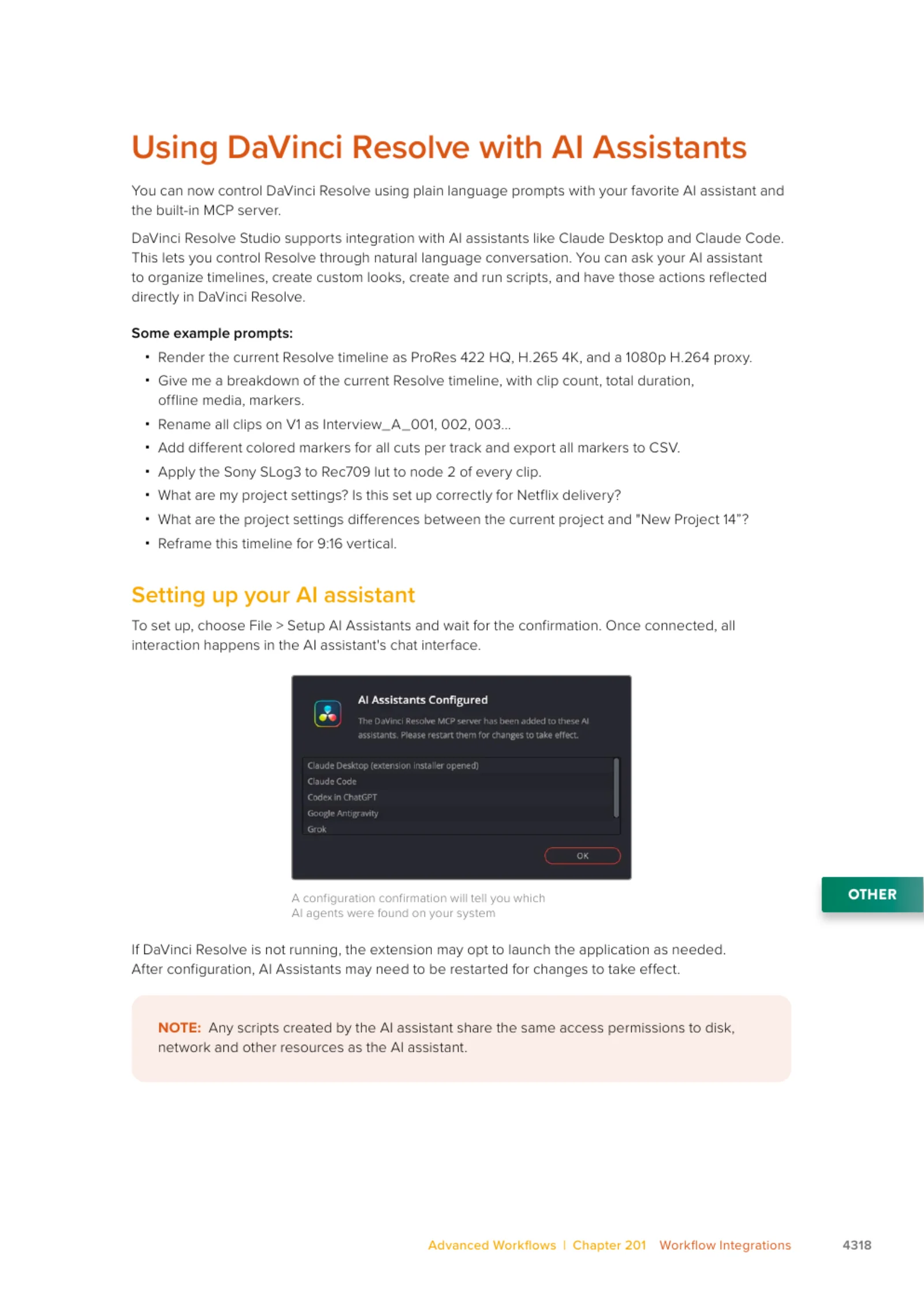 Page 4318 of the DaVinci Resolve 21.1 Reference Manual, Using DaVinci Resolve with AI Assistants: example prompts, the File > Setup AI Assistants instruction, a confirmation dialog listing Claude Desktop, Claude Code, Codex in ChatGPT, Google Antigravity and Grok, and a note that scripts created by the assistant share its access permissions.