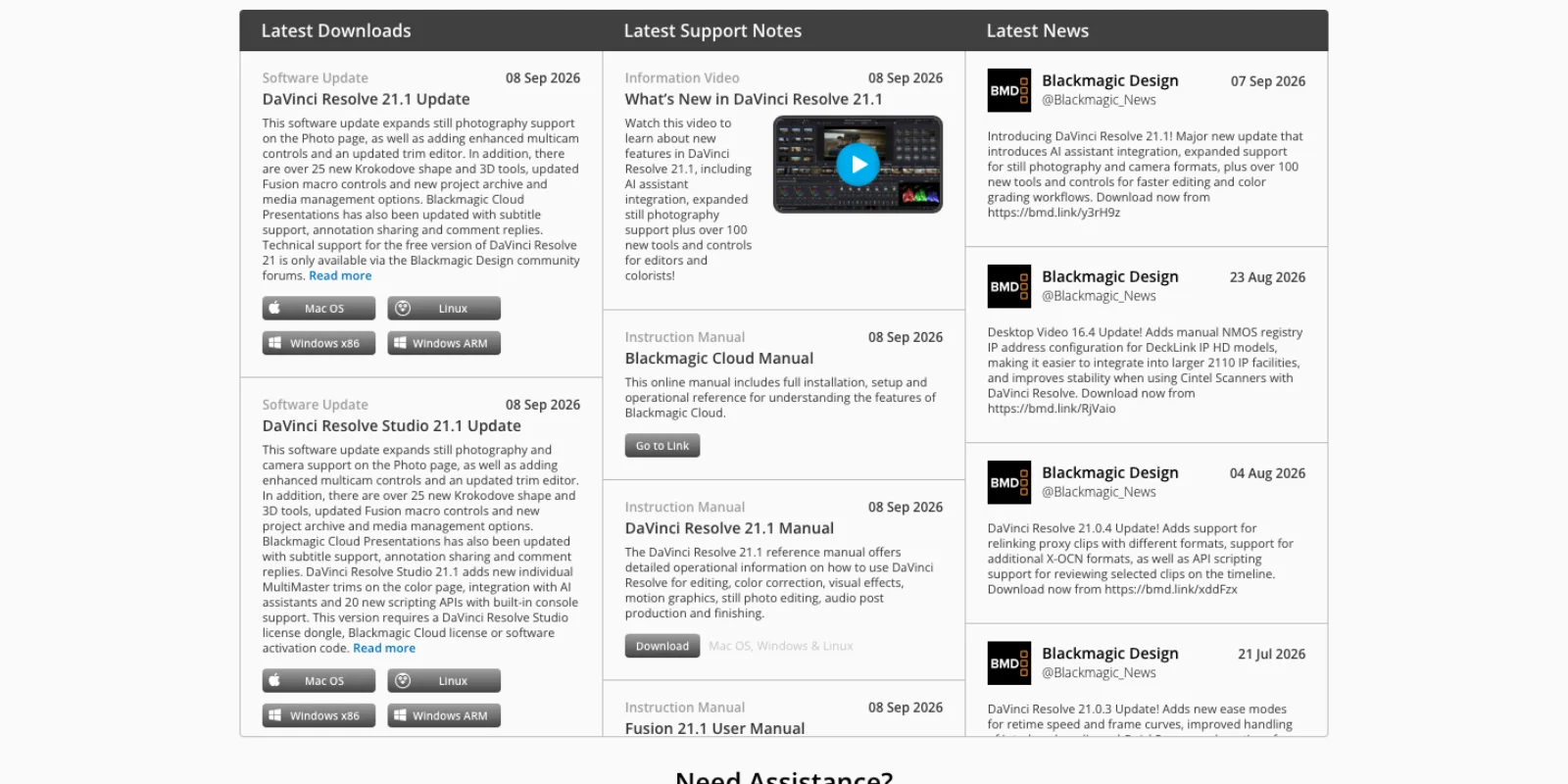 Blackmagic's support page showing the DaVinci Resolve 21.1 Update and DaVinci Resolve Studio 21.1 Update side by side; only the Studio entry mentions integration with AI assistants and 20 new scripting APIs, and it requires a dongle, Cloud licence or activation code.
