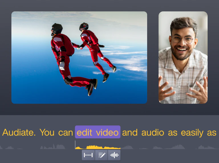 Camtasia Audiate demonstration with skydiving footage and transcript words linked to an audio waveform