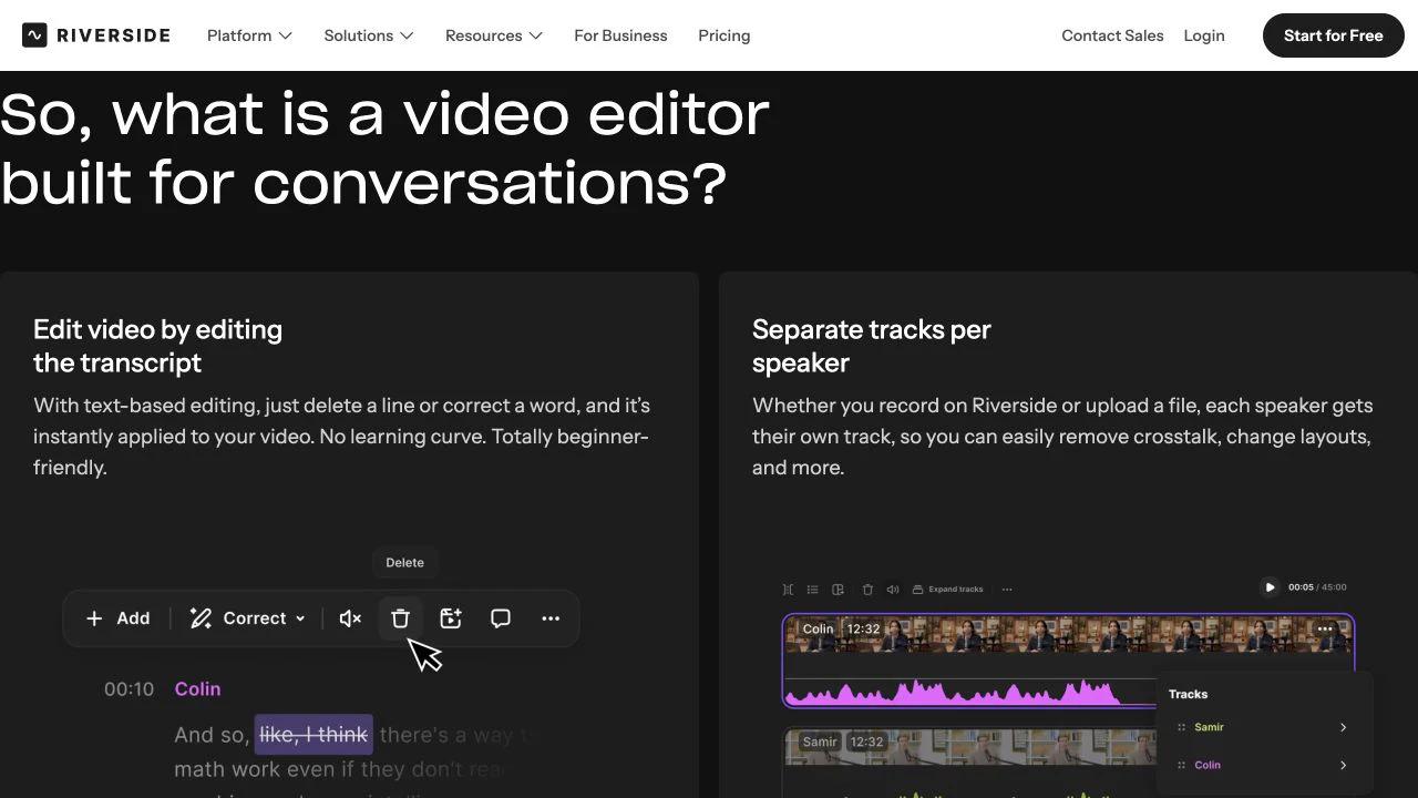 Riverside product page showing transcript editing controls and separate timeline tracks for two speakers