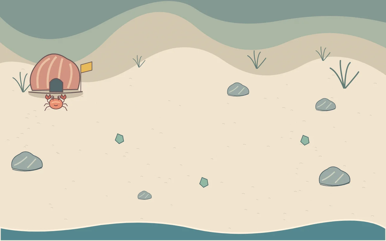 An ink-style coral crab beside a striped shell house on a pale beach with green dunes and three sea-glass pieces.