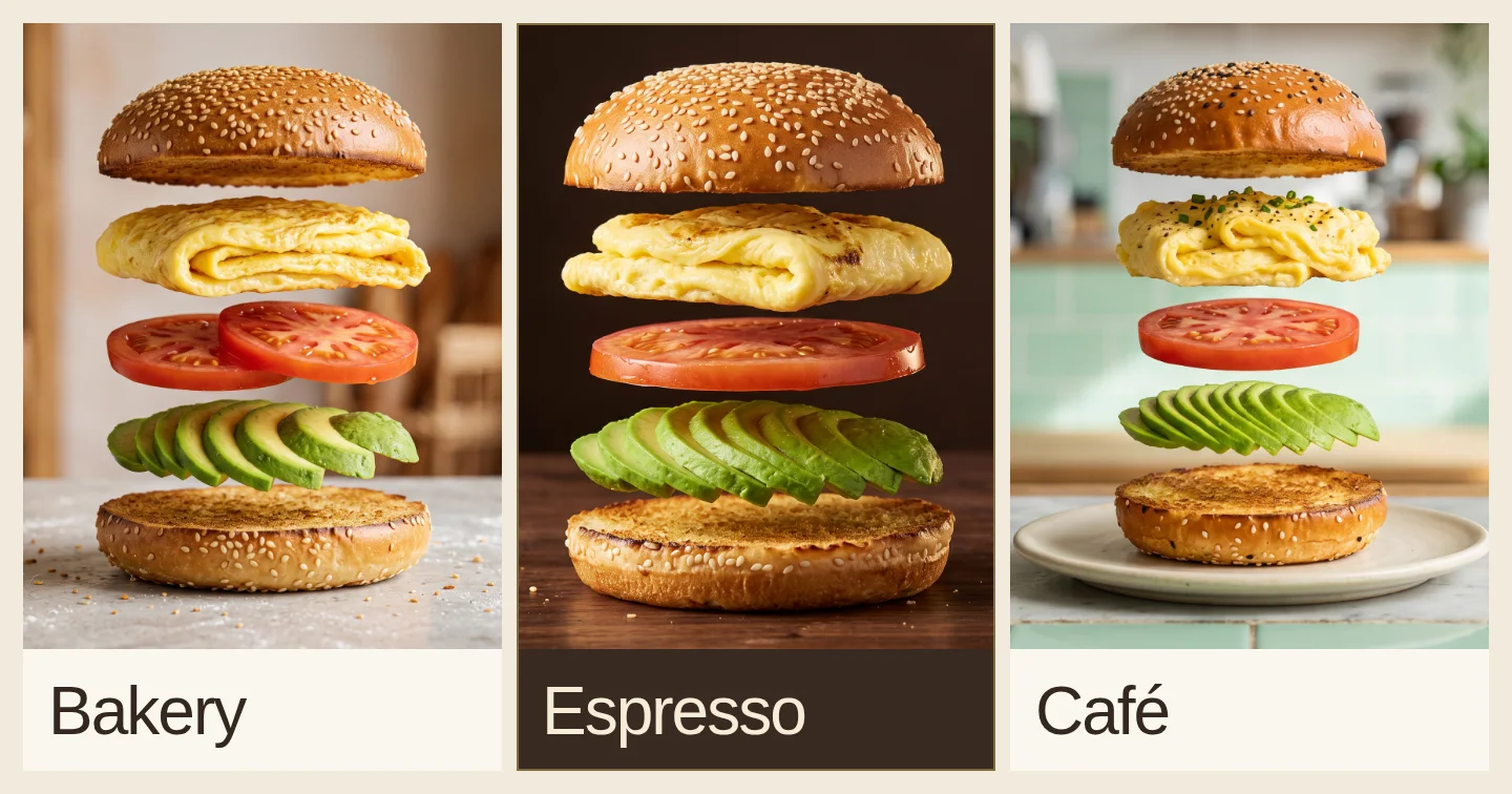 Three photographic directions for the same exploded sandwich: warm bakery, dark espresso studio and mint café.