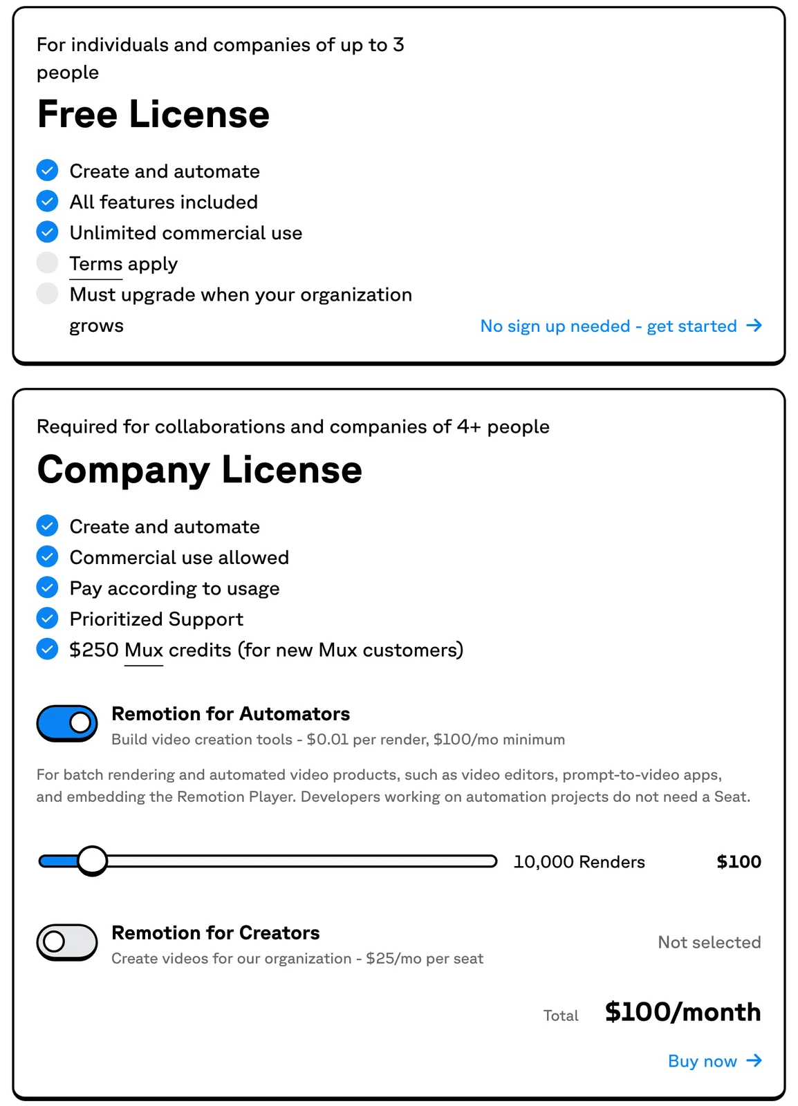 Remotion's License and Pricing page: a Free License card for individuals and companies of up to 3 people, and a Company License card offering Remotion for Automators at $0.01 per render with a $100 monthly minimum and Remotion for Creators at $25 a month per seat.