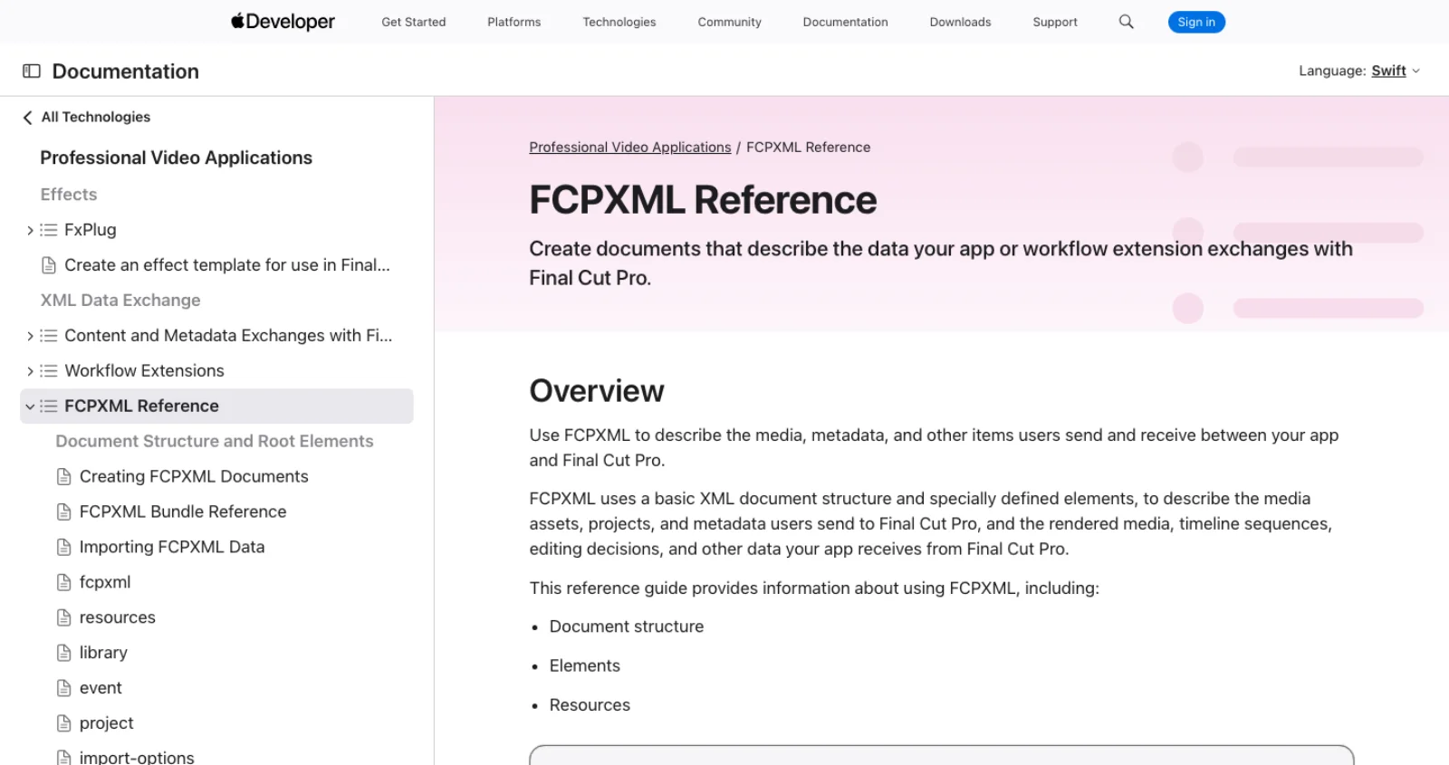 Apple's FCPXML Reference page in the Professional Video Applications developer documentation, with the element list in the sidebar and a note that FCPXML describes some but not all aspects of projects and events.
