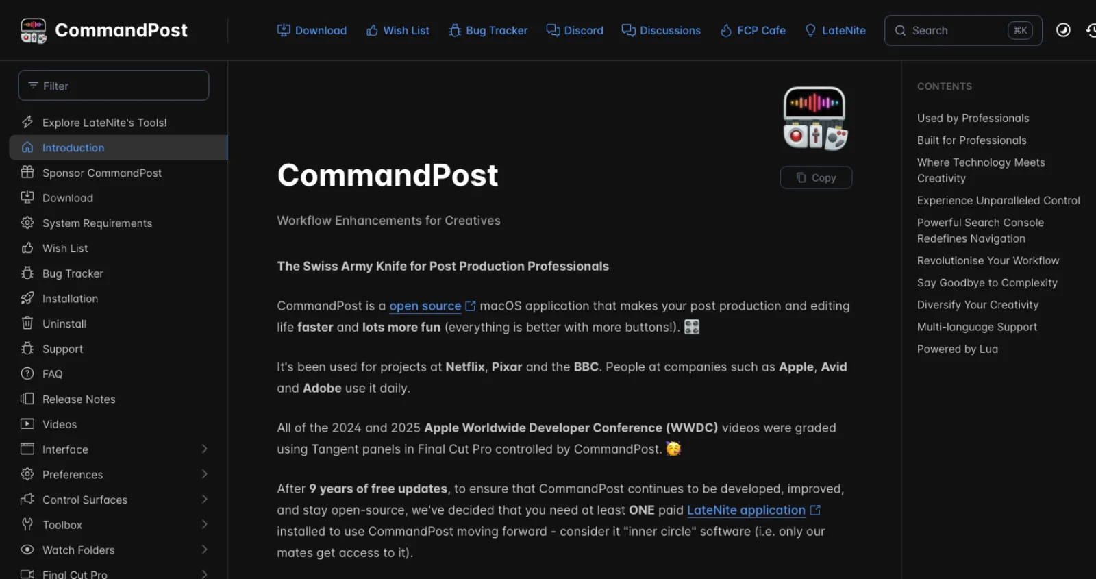 The CommandPost documentation home page describing it as an open source macOS application with a Lua scripting engine, a note about needing one paid LateNite application, and a sidebar with Scripting and API References sections.