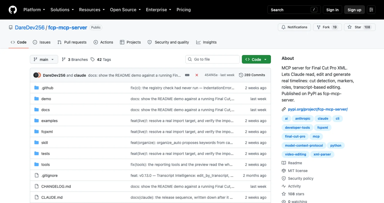 The GitHub repository page for DareDev256/fcp-mcp-server showing 108 stars, 19 forks, 289 commits, an MIT licence, a security policy and 39 releases with v0.24.0 marked latest.