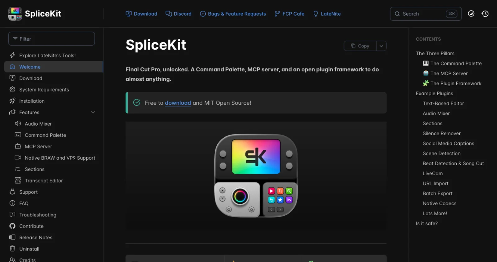 The SpliceKit documentation site describing three pillars, a Command Palette, an MCP server and a plugin framework, with a note that it is free to download and MIT open source, and a sidebar listing system requirements and installation.