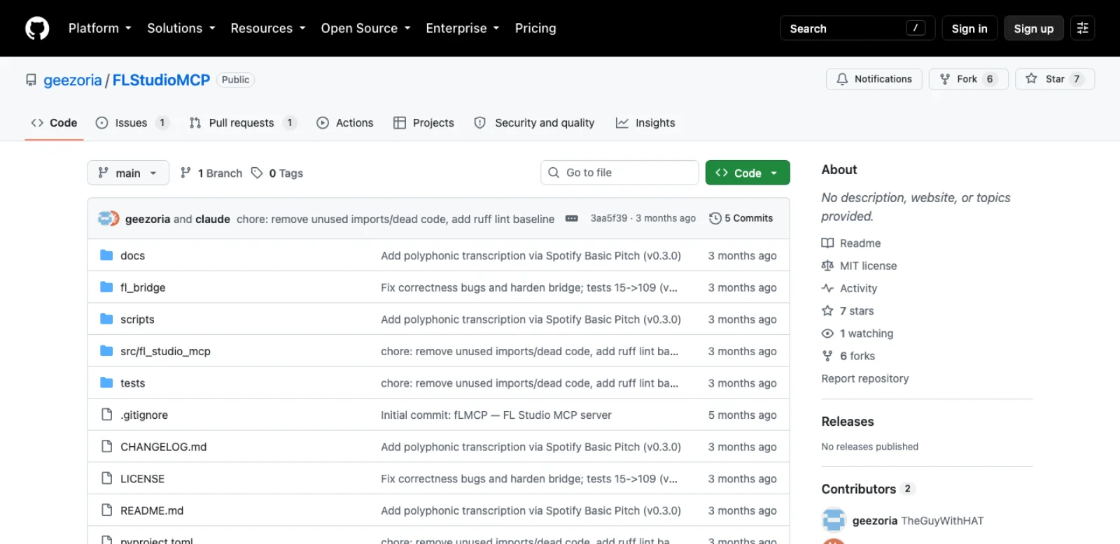 The geezoria/FLStudioMCP repository on GitHub: 7 stars, 6 forks, 5 commits, MIT licence, folders named docs, fl_bridge, scripts, src/fl_studio_mcp and tests, and a README headline fLMCP, the most powerful FL Studio MCP server, listing transport, patterns, channels, mixer, plugins, piano roll, playlist, arrangement, automation and rendering.