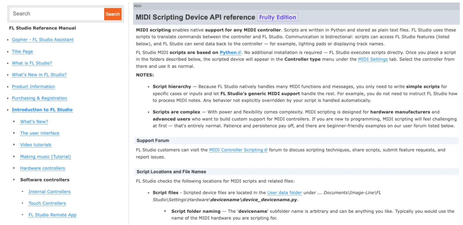 The FL Studio manual page MIDI Scripting Device API reference with a Fruity Edition badge, explaining that scripts are written in Python and stored as plain text files, that no additional installation is required, and where device_devicename.py files live under Settings\Hardware.