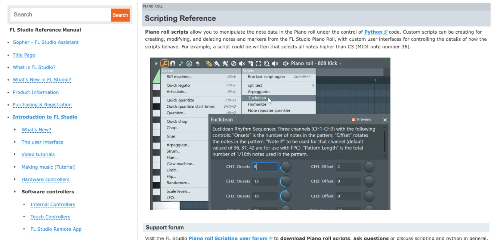The FL Studio manual page Piano roll Scripting Reference, showing the Piano roll Scripts menu with entries such as Run last script again, Arpeggiator, Euclidean, Humanize and Note repeater sprinkler, and a Euclidean rhythm dialog with onset and offset controls.