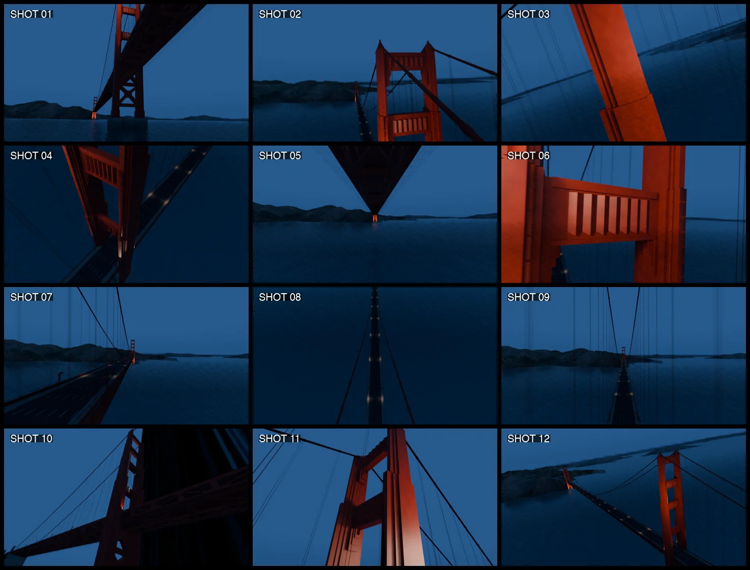 A twelve-panel storyboard of blue-hour views around the bridge: tower passes, cable chases, deck runs and wide pull-aways.
