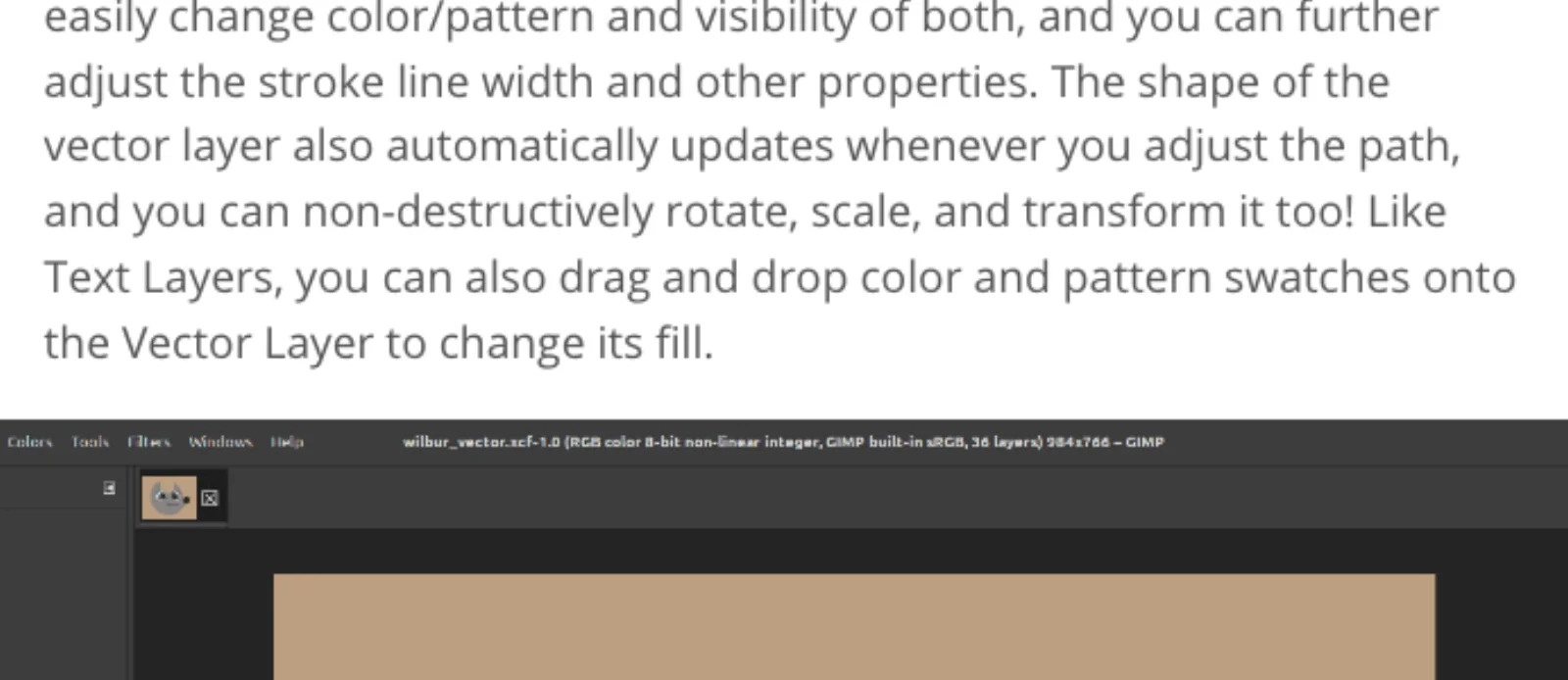The GIMP 3.2 release notes section titled Vector Layers, explaining that the Path tool can create a path layer with stroke and fill settings that updates when the path changes and can be rotated, scaled and transformed non-destructively.