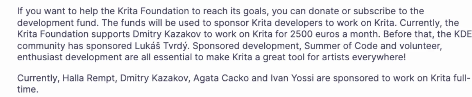 Text from the Krita Foundation page stating that donations and the development fund sponsor developers, and that Halla Rempt, Dmitry Kazakov, Agata Cacko and Ivan Yossi are currently sponsored to work on Krita full-time.