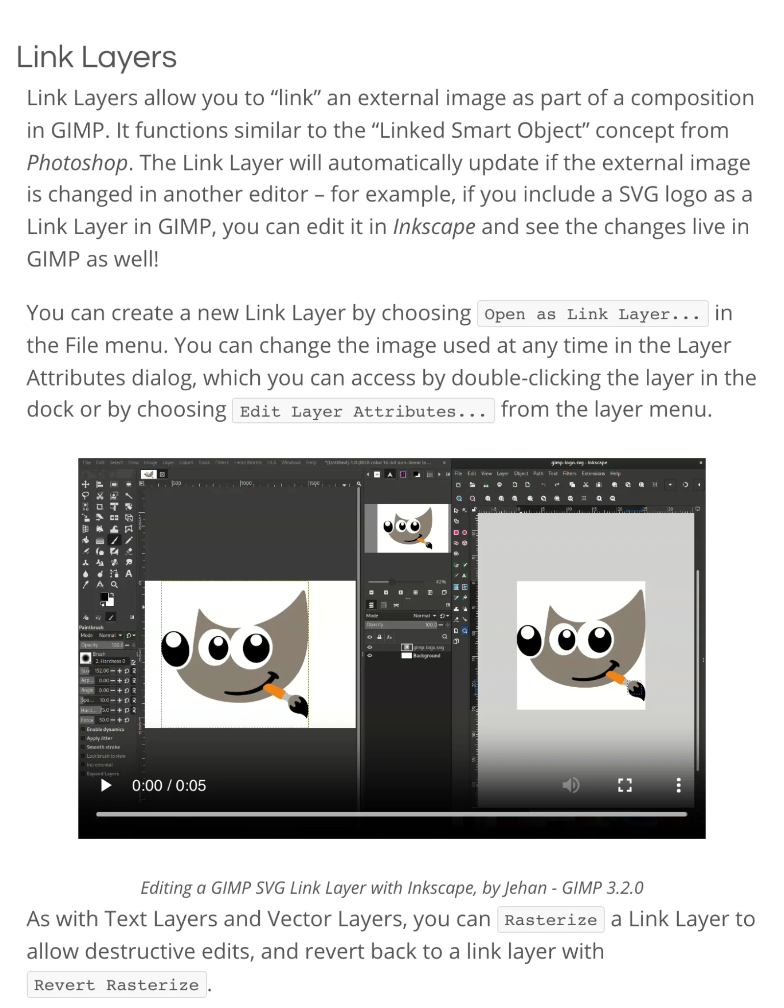 The GIMP 3.2 release notes describing Link Layers, which the notes compare to Photoshop's Linked Smart Object, with a video of an SVG logo being edited in Inkscape and updating live in GIMP.