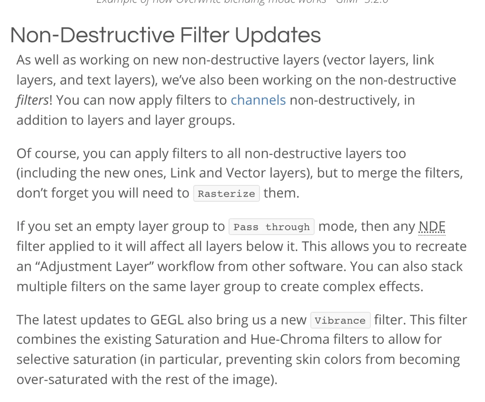 The GIMP 3.2 release notes section titled Non-Destructive Filter Updates, explaining that filters on an empty pass-through layer group affect all layers below it and recreate an adjustment layer workflow.