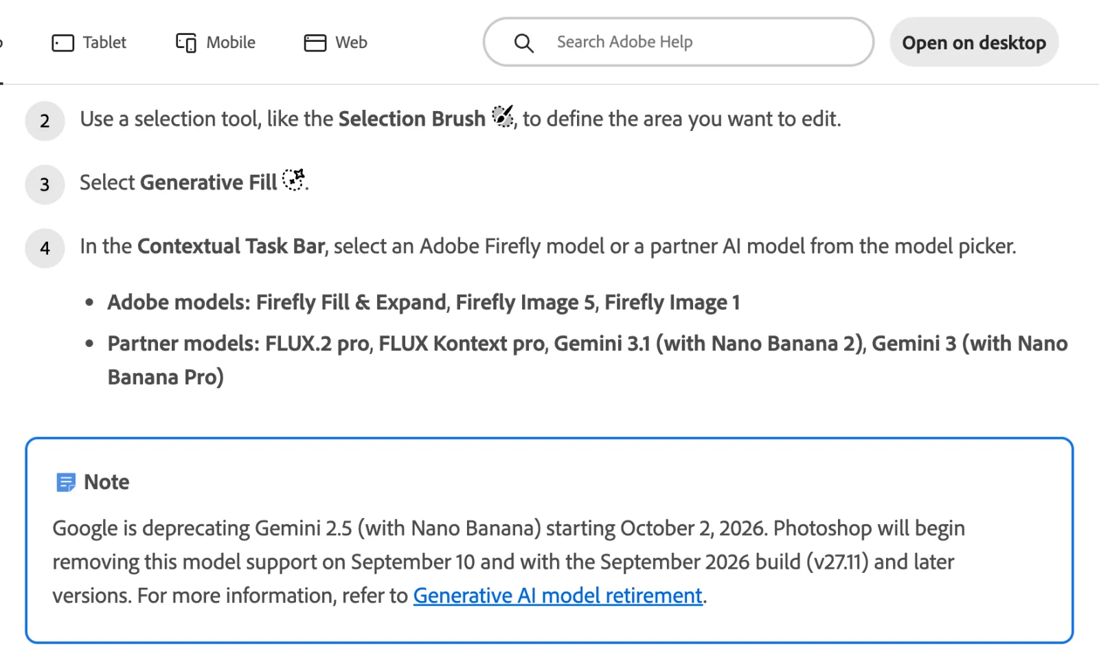 Adobe's Generative Fill help page listing the Adobe models Firefly Fill & Expand, Firefly Image 5 and Firefly Image 1 and the partner models FLUX.2 pro, FLUX Kontext pro, Gemini 3.1 with Nano Banana 2 and Gemini 3 with Nano Banana Pro, with a note about Gemini 2.5 being removed in the September 2026 build v27.11.