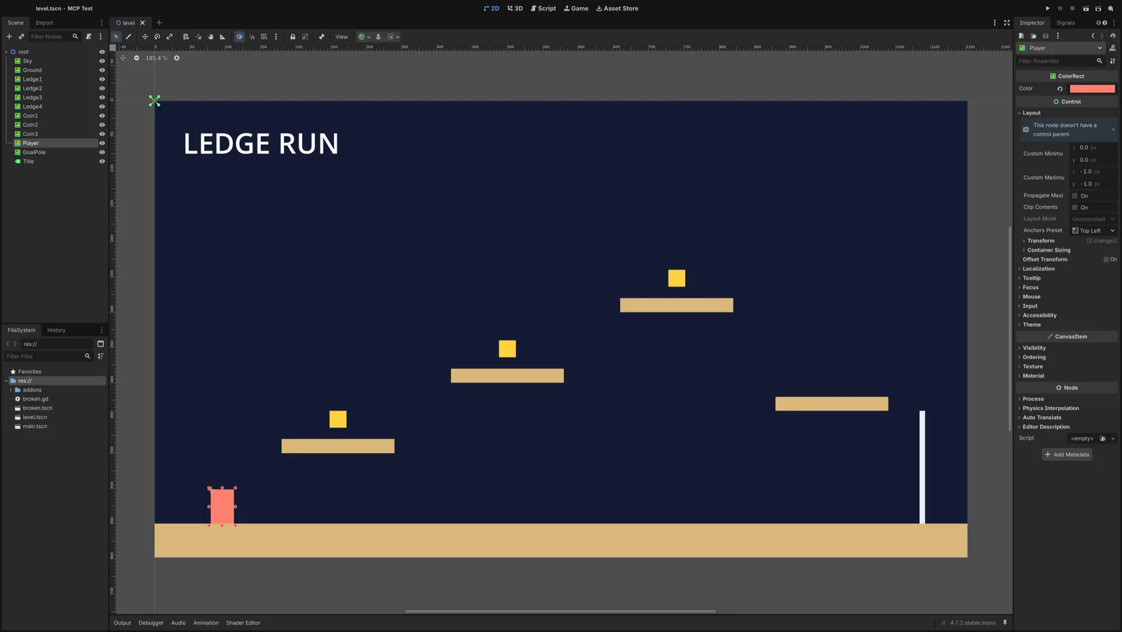 The Godot 4.7.2 editor in its 2D view showing a level titled LEDGE RUN: a navy sky, a sand-coloured ground strip, four floating ledges, three gold coins, a coral player block selected in the Inspector and a white goal pole, with the scene tree listing Sky, Ground, Ledge1 to Ledge4, Coin1 to Coin3, Player, GoalPole and Title.